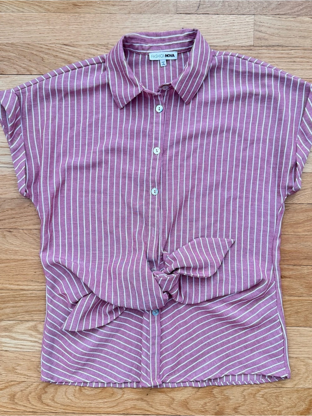 Fashion Nova Mauve Pink Stripe Button-Front Tie Top
